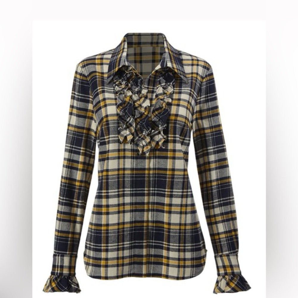 Cabi Seattle shirt Plaid Ruffle Women's Top - Navy and Yellow